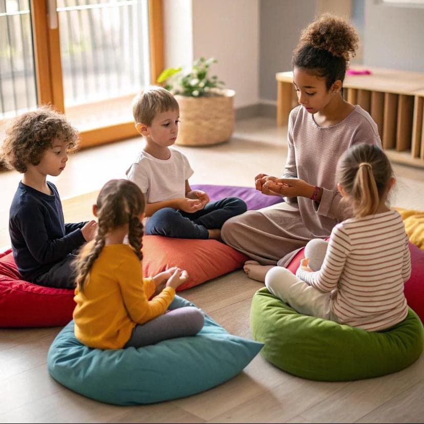 Kinder sitzen in einer ruhigen Runde auf bunten Kissen